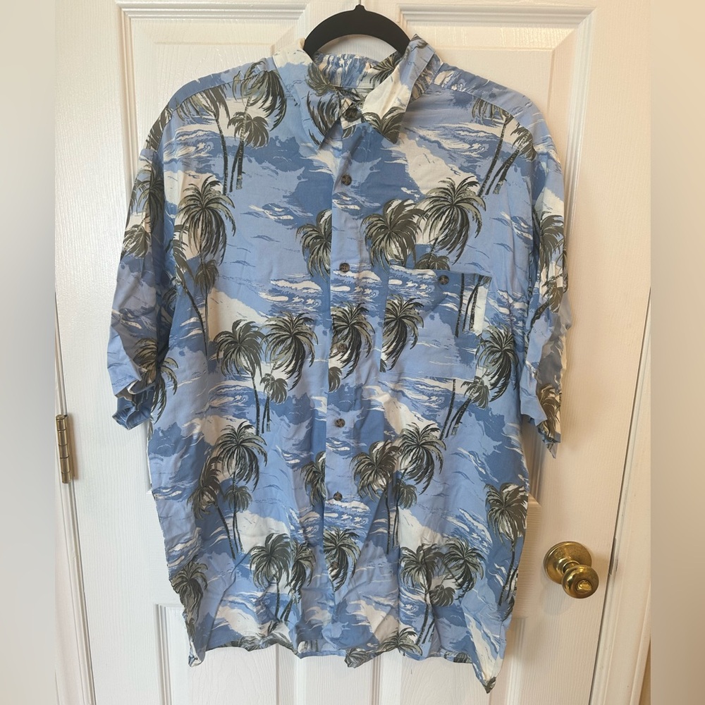 Puritan Men’s Blue Button Down Shirt Palm Trees Size Large